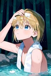 1boy ai_generated bamboo bare_shoulders bathing blonde_hair blue_eyes close-up collarbone eyelashes forest hand_on_own_head hunter_x_hunter kurapika lake looking_up nude onsen outdoors partially_submerged short_hair soap soap_bubbles solo submerged towel towel_around_neck trap washing_hair water