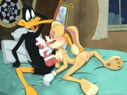 absurd_res anatid anseriform ass avian bed bird bodily_fluids censor_bar clothing cum daffy_duck darkpain duck duo erection female furniture genital_fluids genitals gloves handwear hi_res lagomorph leporid licking lola_bunny looney_tunes male mammal on_bed pussy rabbit spread_legs spreading the_looney_tunes_show tongue warner_brothers white_clothing white_gloves white_handwear window