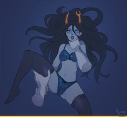 alien alien_humanoid before_sex black_hair choke choking color colored colored_skin fangs female_focus full_color glasses grey_skin headgear headwear homestuck homestuck_troll horn horns humanoid humanoid_alien lingerie long_hair long_hair_female looking_at_viewer pov rynies stockings thigh_highs thighhighs troll vriska_serket харадрим