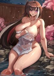 1girls blush breasts brown_hair cleavage female female_only hot_spring huge_breasts kaya_nishikino light-skinned_female light_skin manob0028 onsen open_mouth outdoors production_kawaii purple_eyes sakura_tree solo towel towel_only tree two_tone_hair virtual_youtuber water white_hair