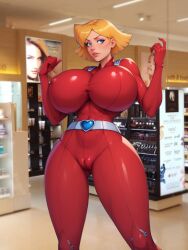 1girls ai_generated alternate_breast_size belt belt_buckle blonde_hair blue_eyes clover_(totally_spies) giant_breasts gloves heart-shaped_buckle heart_buckle paulinebabe red_suit totally_spies