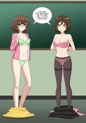 2girls absurdres arifureta_shokugyou_de_sekai_saikyou blackboard bra breasts brown_hair cleavage date_a_live dialogue empty eyes female female_only femsub glasses green_bra green_eyes green_panties hatayama_aiko jimryu large_breasts multiple_girls multiple_subs navel nipples okamine_tamae panties pantyhose short_hair teacher text underwear undressing