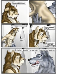 2boys anthro canine comic cum cum_in_mouth cum_inside cum_on_face cumshot dialogue duo english_text erection feline fellatio gay hitting_the_showers licking licking_lips lion male male_only mammal multiple_boys oral orgasm penis sex text tongue tongue_out wolf wooky yaoi