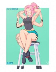 3_breasts 3_legs 4_arms accessworld crossed_legs light-skinned_female miniskirt multi_arm multi_breast multi_leg multi_limb pink_eyes pink_hair sitting skirt smile tattoos