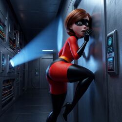 ai_generated big_ass bodysuit brunette brunette_female brunette_hair confident elastigirl hallway helen_parr high_heels infiltration latex lifting_leg listening listening_through_wall mask masked_female milf round_ass shocked shocked_expression spy superhero superheroine the_incredibles thick thick_ass thick_thighs tight_clothes tight_clothing tight_fit