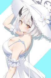 1girl black_halo black_horns blue_archive blue_background breasts commentary_request dress flower halo hat hat_flower highres horns medium_breasts official_alternate_costume orange_eyes raimu_(clanberry000) revision sena_(blue_archive) sena_(casual)_(blue_archive) short_hair sleeveless sleeveless_dress solo two-tone_background white_background white_dress white_flower white_hair white_hat