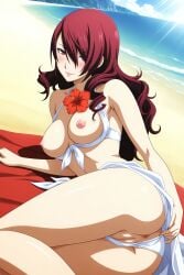 1girl ai_generated anus ass beach bikini bikini_bottom_aside bikini_pull blush breasts breasts_out censored clothes_pull clothing_aside day digitalwaifugallery female female_only flower front-tie_top hair_over_one_eye hi_res hibiscus high_quality high_resolution large_breasts long_hair looking_at_viewer lying medium_breasts mitsuru_kirijo mosaic_censoring nipples ocean on_side outdoors patreon persona persona_3 pussy red_eyes red_hair sarong seductive sexy smile solo swimsuit uncensored water watermark white_bikini white_sarong