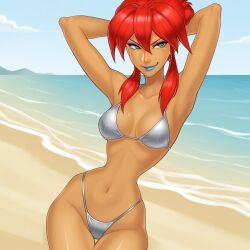 1girls ai_generated beach beach_background bikini cartoon_network eyeshadow female fusionfall kiva_andru lipstick megas_xlr red_eyes silver_bikini solo solo_female