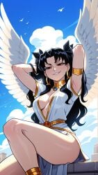 1girl 2026 2d absurd_res absurd_resolution absurdres ai_generated angel_wings armlet armpits arms_behind_head arms_up bird black_hair blue_sky breasts cleavage cloud day dress earrings fate/grand_order fate_(series) feathered_wings grin hi_res high_quality high_resolution highres hoop_earrings image ishtar_(fate) jewelry long_hair looking_at_viewer mayrainart medium_breasts neck_ring no_bra outdoors patreon pelvic_curtain red_eyes sitting sky smile solo thighs two_side_up uncensured white_dress white_wings wings