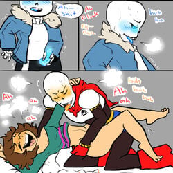 animated_skeleton blush bone clothed_sex comic dialogue english_text female frisk human magic_penis male mammal masturbation nsfwshamecave papyrus penis sans sex skeleton straight text tongue tongue_out undead undertale voyeur