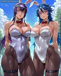 2girls ai_generated animal_ears arms_behind_back bangs bare_shoulders big_breasts blue_eyes blue_hair blue_sky bow bowtie breasts cleavage cloud covered_navel cowboy_shot dandanhub day detached_collar duo fake_animal_ears female female_only hair_between_eyes highschool_of_the_dead hitsugi_sayo large_breasts leotard light-skinned_female lips long_hair looking_at_viewer multiple_girls outdoors pantyhose parted_lips playboy_bunny purple_eyes purple_hair rabbit_ears rabbit_tail red_bow red_bowtie saeko_busujima shiny skindentation sky smile strapless strapless_leotard tail thick_thighs thigh_strap thighs tree triage_x white_leotard wrist_cuffs