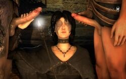 3d cum cumshot demon's_souls erection facial fromsoftware handjob maiden_in_black orgasm penis precum straight threesome