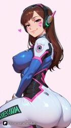 1girl ai_generated artist_name ass bangs blizzard_entertainment bodysuit breasts brown_eyes brown_hair closed_mouth clothes_writing covered_nipples d.va d.va_(overwatch) d.va_(overwatch_2_suit) eyelashes facial_mark from_behind from_side gloves headphones heart large_breasts lips long_hair looking_at_viewer looking_back overwatch overwatch_2 patreon pilot_suit pink_background pink_lips questionable senpai_pixels simple_background skin_tight smile solo swept_bangs whisker_markings white_gloves