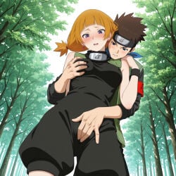 1boy 1girls ai_generated arm_up armpits blush boruto:_naruto_next_generations breasts brown_hair cleavage earrings female finger_fuck fingering fingering_partner fingering_pussy fingering_through_clothes forest fully_clothed headband kazamatsuri_moegi konohagakure_symbol kunoichi male male/female moaning naruto naruto_(series) ninja orange_hair outdoors sarutobi_konohamaru scarf shirt straight sweat tied_hair twintails upper_body vaginal_fingering vaginal_sex vest wristband