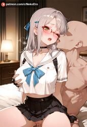 ai_generated blue_ribbon blush busty cleavage glasses gloves goddess_of_victory:_nikke groping large_breasts neon_(nikke) penis pussy reverse_upright_straddle ribbon thick_thighs white_hair