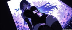 1girl ai_assisted ai_generated bare_shoulders black_legwear black_shorts black_swan_(honkai:_star_rail) blue_butterfly breasts bug butterfly butterfly_hair_ornament curvaceous curvy curvy_female curvy_figure female from_below honkai:_star_rail honkai_(series) insect large_breasts long_hair looking_at_viewer looking_down miyuai purple_hair shirt short_shorts shorts solo standing thick thick_ass thick_butt thick_hips thick_legs thick_thighs thighhighs thighs voluptuous voluptuous_female wide_hips wide_thighs