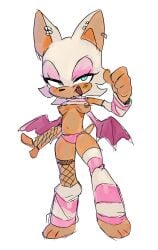 1girls areola_slip barefoot bat_ears bat_wings breast_slip breasts_out clothes_too_small ear_piercing earrings fangs fishnets full_body green_eyes lidded_eyes navel nipple_slip panties pinklilim rouge_the_bat sketch sonic_(series) sonic_the_hedgehog_(series) striped_socks wardrobe_malfunction white_background
