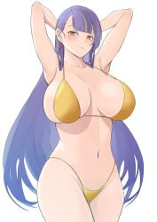 1girl absurdres arms_behind_head arms_up azur_lane bikini blonde_streaks breasts breasts_apart character_request commentary_request copyright_request gold_bikini highres huge_breasts konishiki_(52siki) long_hair looking_at_viewer multicolored_hair navel purple_hair solo standing stomach streaked_hair swimsuit trafalgar_(azur_lane) very_long_hair yellow_eyes