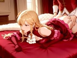 1boy 1girl ai_generated ambiguous_penetration arm_gloves ascot ass bare_shoulders bedroom blonde_hair brown_eyes clothed_sex dress dress_lift earring eyes_half_open fire_emblem fire_emblem:_genealogy_of_the_holy_war fire_emblem_heroes flower_on_head frills fucked_from_behind hetero intelligent_systems lachesis_(fire_emblem) layered_dress laying_on_stomach long_hair male_out_of_frame nintendo on_bed open_mouth penis red_shirt stocking straight white_pants white_sleeves window