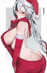 1girls ai_generated arlecchino_(genshin_impact) ass backless_dress backless_outfit bare_back bare_shoulders big_ass big_breasts blush breasts dirresponsibly dress elbow_gloves female female_only finger_to_mouth genshin_impact gloves hat huge_breasts index_finger_raised large_breasts light-skinned_female long_hair looking_at_viewer meme_attire naked_sweater red_eyes red_headwear red_sweater santa_hat sideboob silver_hair solo sweater tagme turtleneck virgin_killer_sweater