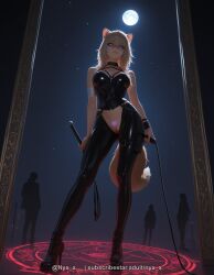 1girl ai_generated animal_ear_fluff animal_ears bandaged_arm bandages bangs bare_shoulders blonde_hair blue_eyes bondage_outfit boots breasts collar corset dominatrix from_below full_body full_moon hair_between_eyes high_heel_boots high_heels holding holding_weapon holding_whip large_breasts long_hair looking_at_viewer moon night night_sky nyx_x pants parted_lips pubic_tattoo pussy questionable sky solo standing tail tattoo uncensored watermark weapon whip zipper