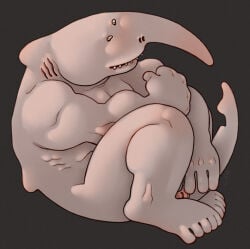 anthro aquatic fin fish flaccid genitals glans goblin_shark hi_res long_nose mackerel_shark male mitsukurinid muscular muscular_male pale_body pale_skin peeking_penis penis pink_glans ravuer shark shy simple_background sitting small_eyes small_teeth solo