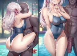 ai_generated alisa_mikhailovna_kujou big_breasts carrying_person carrying_position cuckolding dark-skinned_male dark_skin highleg highleg_swimsuit interracial nakatori netorare one-piece_swimsuit pool smiley_face swimsuit swimsuit_pull tokidoki_bosotto_russian_de_dereru_tonari_no_alya-san