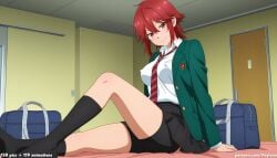 1girl 1girls absurd_res ai_assisted ai_generated aizawa_tomo anime ass bag bed black_skirt black_socks blush boobs breasts bubble_butt butt cleavage curvaceous curvy curvy_figure fang green_blazer high_resolution highres hourglass_figure huge_ass huge_butt indoors kneehighs large_breasts light-skinned_female looking_at_viewer necktie on_bed patreon patreon_logo patreon_username red_eyes red_hair school_bag school_uniform short_hair sitting skirt smile solo striped_necktie thick_thighs thighs tomo-chan_wa_onna_no_ko veyluna voluptuous white_shirt wide_hips