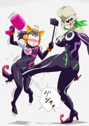 ass blush bodysuit breasts covered_eyes genderswap green_hair heels kamen_rider kamen_rider_geats_(series) kamen_rider_na-go kicking_balls male neon_kurama otokam1117 rule_63 tagme thighs tokusatsu