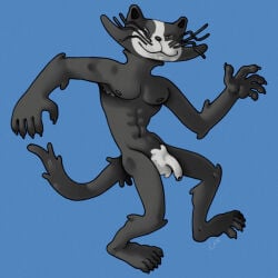 abs anthro black_body black_fur black_nipples bremenskiie_muzykanty dancing domestic_cat facial_markings felid feline felis flaccid foreskin fur genitals head_markings hi_res kot male mammal markings muscular muscular_male muzzle_(marking) nipples pecs penis pubes ravuer silly_pose simple_background skinny small_eyes small_penis smile solo soyuzmultfilm the_bremen_town_musicians whiskers white_pubes