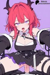1boy 1girl 2026 ahegao ai_art ai_generated arknights:_endfield bare_shoulders belt belt_pouch black_dress black_sleeves black_thighhighs blush breasts chest_strap cleavage clothed_sex cowgirl_position cum cum_in_pussy demon_horns detached_collar detached_sleeves dress drooling girl_on_top hair_between_eyes hair_intakes heart heart-shaped_pupils hetero horns laevatain_(arknights:_endfield) large_breasts long_hair long_sleeves looking_at_viewer open_mouth outstretched_arms patreon patreon_url patreon_username penis pouch pov purple_background purple_eyes pussy red_hair saliva sex short_dress simple_background simple_shading sleeveless_dress solo_focus sosakuai spread_legs straddling symbol-shaped_pupils thigh_strap thighhighs tongue tongue_out uncensored vaginal