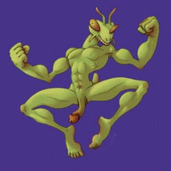 abs action_pose antennae_(anatomy) anthro arthropod brown_glans erection flexing genitals glans green_body green_skin hi_res insect jumping long_penis male mantis muscular muscular_male pecs penis pose raised_arms ravuer short_tail simple_background skinny small_waist smile solo tail thin_penis unusual_glans