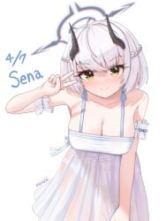 1girl absurdres artist_name black_halo blue_archive breasts character_name cleavage closed_mouth commentary dated demon_girl demon_horns dress grey_hair halo hand_up highres horns large_breasts medium_hair mensiah see-through_clothes see-through_dress sena_(blue_archive) sena_(casual)_(blue_archive) simple_background sleeveless sleeveless_dress smile solo sundress v white_background white_dress yellow_eyes