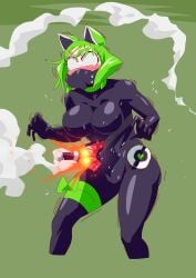 bodysuit breasts covered_mouth face_mask genderswap green_hair kamen_rider kamen_rider_geats_(series) kamen_rider_tycoon otokam1117 rule_63 tagme thighs tokusatsu