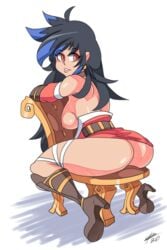 ahoge ass bigdeadalive black_hair blue_hair boots breasts breasts_out choker dress earring elbow_gloves gloves long_hair looking_back nipples original red_eyes sideboob simple_background sitting two_tone_hair urthy white_background