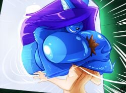 1boy 1girls animal_ears between_breasts blue_fur breast_squeeze breasts_bigger_than_head cleavage dog_ears ghost ghost_girl huge_breasts long_hair looking_at_another looking_down nude nude_female original purple_hair ryutuisen shonuff static television tv