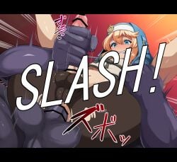 anal blonde_hair blush bridget full_nelson guilty_gear guilty_gear_strive handjob handjob_while_penetrating kuromaru_(mugen) m.u.g.e.n monster navel reach_around shichimiyabi torn_clothes