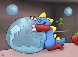 anthro balls bob_(bubble_bobble) bub bubble bubble_bobble bubble_filling closed_eyes cum doublepopsicle dragon erection excessive_cum food fruit ghost hi_res male male_only messy monster open_mouth orgasm penis scalie spirit strawberry video_games