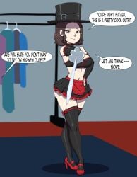 akane_hasegawa alternate_version_available asian asian_female atlus breasts brown_eyes brown_hair bustier choker commission commissioner_upload cosplay darkeros darkeros13 elbow_gloves gloves hand_on_hip high_heels ingrid_(capcom) looking_at_viewer megami_tensei midriff miniskirt offscreen_character persona persona_5 persona_5_scramble:_the_phantom_strikers rapier sakura_futaba short_hair skirt speech_bubble stockings street_fighter street_fighter_6 thedarkeros thighhighs top_hat weapon