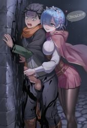 1boy 1girls ai_generated balls big_cock big_penis breast_press breasts cock dialogue english english_text evil_smile femdom handjob handjob_from_behind horrified hug_from_behind large_cock large_penis male/female malesub medium_breasts natsuki_subaru nokani penis possessed possession precum precum_drip re:zero_kara_hajimeru_isekai_seikatsu rem_(re:zero) scared self_upload shaded_face speech_bubble spoken_heart talking tearing_up testicles text thick_thighs two-handed_handjob wide-eyed wide_hips