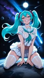 1girl 2026 2d absurd_res absurd_resolution absurdres ai_generated aqua_eyes aqua_hair aqua_nails blue_eyes breasts choker crop_top earth_(planet) grin hair_between_eyes half-closed_eyes hatsune_miku hi_res high_quality high_resolution highres image kneeling long_hair looking_at_viewer mayrainart medium_breasts midriff miniskirt nail_polish navel neckerchief patreon planet pleated_skirt sailor_collar school_uniform serafuku shirt shooting_star short_sleeves skindentation skirt sky smile solo space star_(sky) starry_sky teeth thighhighs thighs twintails uncensured vocaloid wet white_choker white_sailor_collar white_shirt white_skirt white_thighhighs zettai_ryouiki