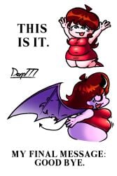 1girl 1girls arms_up auburn_hair chubby comic crying crying_with_eyes_open demon demon_girl demon_horns demon_tail demon_wings derp777 dialogue expansion fat friday_night_funkin girlfriend_(friday_night_funkin) hands_up happy obese on_knees pink_skin purple_skin red_dress red_heels self_upload sequence smile speech_bubble sun sunset tagme tears tears_of_joy tears_of_pleasure text text_bubble