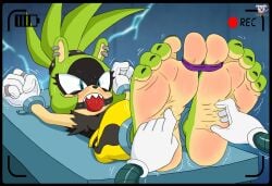absurdres angry_female anthro badash01 ball_gag barefoot big_feet black_toenail_polish bondage countershade_feet ear_piercing electricity feet feet_together female_focus female_only foot_fetish foot_focus foot_play foot_worship green_fur highlighted_soles highres idw_publishing mobian mobian_(species) mobian_tenrec punk punk_girl recording restrained sega smelly_feet soles soles_fetish solo_female sonic_(series) sonic_the_hedgehog_(idw) sonic_the_hedgehog_(series) surge_the_tenrec sweaty_feet tickle_fetish tickle_torture tickling tickling_feet tied_up toe_tied toes tomboy tough_girl two_tone_feet
