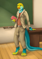 1boy 2016 5_fingers anthro balls belt big_penis blazer blue_scales book bulge chalkboard classroom claws clothed clothing collared_lizard desk front_view green_eyes grin humanoid_penis lizard lizardlars looking_at_viewer male male_only monroe_(monroethelizard) penis reptile scales scalie school smile solo standing teacher teeth thick_penis thick_tail yellow_scales