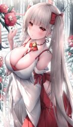alternate_costume azur_lane bare_shoulders blush breasts cleavage formidable_(azur_lane) grey_hair hakama hip_vent japanese_clothes large_breasts long_hair miko milo oyuwari red_eyes ribbon rose skirt