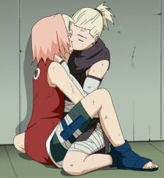 2girls accurate_art_style after_battle before_sex blonde_hair closed_eyes clothing enemies_to_lovers faceless_female female female/female female_only female_with_female full_color fully_clothed gloves imminent_sex implied_sex indoors ino_yamanaka ino_yamanaka_(genin) kissing kunoichi multiple_females multiple_girls mutual_yuri naruto naruto_(classic) naruto_(series) ninja no_penetration optimystic pink_hair ponytail pouch red_shirt rivals safe_for_work sakura_haruno sakura_haruno_(genin) shirt short_hair shorts skirt teenage_female teenager tied_hair tribadism vest yuri