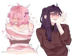 2girls bdsm bite_mark bite_mark_on_shoulder bondage bottomless bound bra breasts brown_shirt closed_eyes commentary doki_doki_literature_club ear_piercing english_commentary fang heart heart-shaped_pupils highres large_breasts medium_hair multiple_girls natsuki_(doki_doki_literature_club) off_shoulder open_mouth piercing pink_hair pink_shirt pockiseisont purple_eyes pussy_juice pussy_juice_on_face pussy_juice_on_fingers saliva scar self-harm_scar shirt simple_background symbol-shaped_pupils tongue tongue_out two_side_up underwear white_background white_bra yuri yuri_(doki_doki_literature_club)