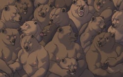 16:10 anthro bear brown_body brown_fur brown_nose burly caricature crowd deformed_face fur group hi_res hug licking_nose male mammal muscular muscular_male nipples petting pink_nipples pink_tongue ravuer roaring silly silly_face smile tongue tongue_out widescreen