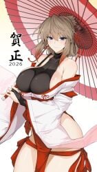bare_shoulders blue_eyes breasts brown_hair cleavage gloves halcon japanese_clothes jewelry large_breasts long_hair looking_at_viewer miko new_year nontraditional_miko original pelvic_curtain sideboob smile solo umbrella