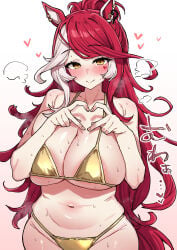 1girls bikini blush earrings female hair_bun hands_up heart heart_hands horse_ears horse_girl horse_tail japanese_text long_hair loves_only_you_(umamusume) makeup mole mole_on_neck red_hair shimiya_(aokuchi) solo solo_female sweat tail two-tone_hair umamusume white_hair yellow_bikini yellow_eyes